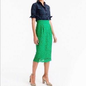 J. Crew pintuck pencil skirt Kelly green lace 0